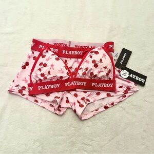 Playboy Bralette & Boyshort Set | Pink Cherry Print | Logo Elastic | Sz  S - NWT